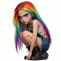 woman with rainbow hair, drunk, angry, soft eyes and narrow chin, dainty figure, long hair straight down, torn overalls, short shorts, combat boots, basic white background, side boob, wet shirt, wet, raining, low angle, very low angle, highly detailed face, realistic face, beautiful detailed eyes, fantasy art, in the style of greg rutkowski, illustration, epic, fantasy, intricate, hyper detailed, artstation, concept art, smooth, sharp focus, ray tracing, vibrant,