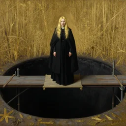 beautiful pale golden woman traveler in cloak and black gown by wes anderson, she is standing on the scaffolding above an enormous black pit, by anders zorn, masterpiece by greg rutkowski, intricate, elegant, highly detailed, oil painting, concept art, smooth, sharp focus, illustration, eerie beautiful cinematic, thomas lawrence, gurney,