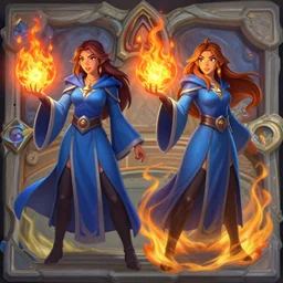 Who : a mage with a blue robe casting a fire ball; Physical : Ella Knox & Beverly Paige exact same body ; IMPORTANT : Hearthstone official splash art, award winning, trending on Hearthstone characters art