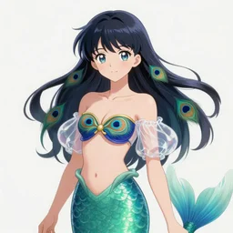 professionally painted portrait of a colorful anime celestial mermaid with a fish body, wearing an elegant peacock shirt top with transparent bubble sleeves, golden gloves, and golden jewelry and gems everywhere, art by yuji ikehata and satoshi kon, background art by miyazaki, proper human proportions, vhs