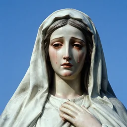 statue of mother mary crying blood tears, close-up, blue sky in background, 60mm lens, grainy vintage photograph