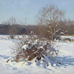 a winter landscape with shrubs and trees on a clear day, in action painting style