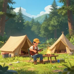 anime camping with steve, extremely high quality and detailed,