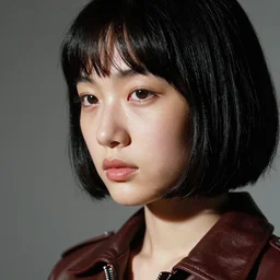 ektachrome, 3 5 mm, highly detailed : incredibly realistic, youthful asian demure, perfect features, feminine cut, beautiful three point perspective extreme closeup 3 / 4 portrait photo in style of chiaroscuro style 1 9 7 0 s frontiers in leather flight suit cosplay vogue fashion edition, nick night, show studio