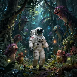 digital art of a surreal dark jungle, astronaut walking, mysterious crazy world, talking creatures, raining, night, fireflies
