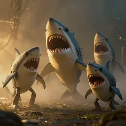 mysterious hungry fantasy shark robots at night, 4 k, photorealistic, golden light, volumetric, foggy, art by simon stalenhag