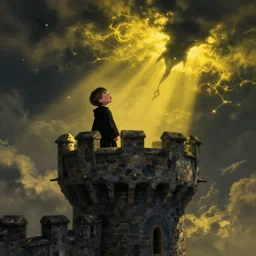 A terrified young catholic priest at the top of a medieval tower watching in fear as an ominous yellow shadow descends upon him from the night sky. His face is seen from above. High angle, dramatic lighting. Award-winning digital art, trending on ArtStation