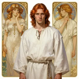 handsome slavic man, white folklore robe, gaunt, auburn hair, highly detailed, digital painting, artstation, concept art, smooth, sharp focus, illustration, art by krenz cushart and artem demura and alphonse mucha and tony sandoval