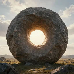 epic landscape, rock shaped in the form of a doughnut with sunlight coming through, 8 k uhd, unreal engine, octane render in the artstyle of kuindzhi