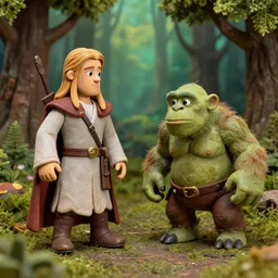 Claymation of Legolas and an orc (LOTR), in picturesque forest diorama