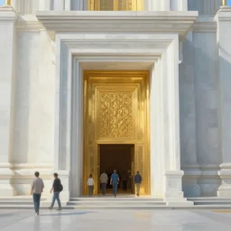 a temple made of white marble and gold, light coming from the entrance, people passing by, matte painting in the style of Daniel Dociu