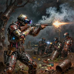 junkys in gunfighting, shooting, flashes, smoke, cybertronic gadgets and vr helmet, flesh with technology, durty colours, night, rotten textures, rusty shapes, biotechnology, dariusz zawadzki, tim hildebrandt, wayne barlow, bruce pennington, larry elmore, oil on canvas, deep depth field, masterpiece, cinematic composition, hyper - detailed, hd, hdr