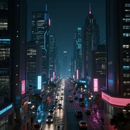 A magnificent dark neon futuristic cyberpunk city bustling street at night made in cinema4d,