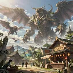 Fantasy worlf of the seven deadly sins anime, fantasy art, giants, flying giant animals, a tavern, big drawing, digital art, trending on artstation, movie shot, cinematic, hyperrealistic, detailed, depth of field, High definition, 8k, octane render