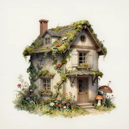 retro airbrush detailed ( ( ( ( ( 1 9 5 0 s retro hobot house flower with vines, moss and mushrooms. with white old paper background. watercolor ) ) ) ) ) by jean - baptiste monge,!!!!!!!!!!!!!!!!!!!!!!!!!!!!!