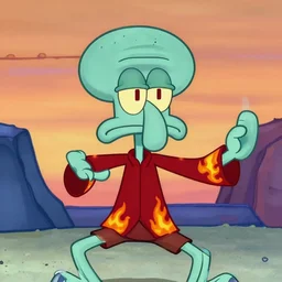 detailed face, squidward, wearing fire nation clothing and practicing firebending outside at susnset, [ greg rutkowski ]