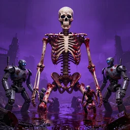beautiful dark bloody flooded landscape, giant human skeleton splattered with blood surrounded by robots, in the style of beeple and mike winkelmann, photo real, ultra realistic, intricate, epic lighting, 8 k resolution, unreal engine 5, ultraviolet colors,