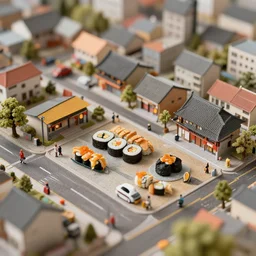 miniature town made of sushi, tilt shift photography, diorama picture, 5 5 mm, trending on art station