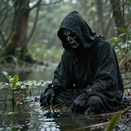 the grim reaper in a swamp, 8 k, shallow depth of field, deviant art, greg rutkowski, moody lighting, ultra high detail, concept art,
