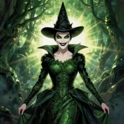 Wicked witch of the west, style of Joshua Middleton comic book art Nick Dragotta comic art, black and green eyes, symmetrical face, symmetrical eyes, scary smile, full body, dark green dress
