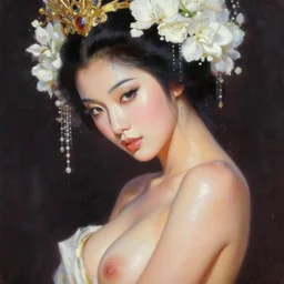 expressive oil painting, of alluring asian princess, seductive look, smooth glowing skin, glistening body, ornate headpiece made from white flowers, glamour shot, by yoshitaka amano, by emika lightweaver, by jeremyg lipkinng, by artgerm, masterpiece, octane render