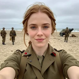 Selfie of Katniss Everdeen furing the D-Day landings on Omaha Beach, 1944, photography by Annie Leibovitz