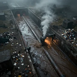 aerial view, super sewer, tunnels, sludge river, effluent, pipes, warhammer 4 0 k, piles of trash, eery lighting, steam, fog, matte painting