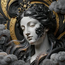 close up photography of beautiful goddess face melting into black steel squid transluscent tentacles in style of michelangelo epic masterpieces with intricate details and clouds, golden filigree, abstract sculpture, half low poly, wlop and beeple