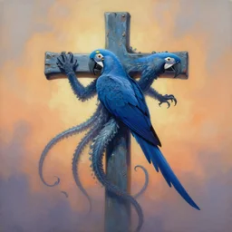 painting of cross between cthulhu & blue macaw, intercrossed animal, by zdzislaw beksinski, by tiffany bozic, cold hue's, warm tone gradient background, concept art, beautiful composition, digital painting,
