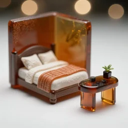 a bed and wall and table, bokeh, resin 8 0 mm miniature photo, 4 k