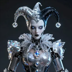 front shot of a court jester character, holographic crystals, bionic futurism, robotic cyborg, photorealistic, ominous elegant detailed concept artstation sharp focus ray tracing cinematic masterpiece fine portrait, by artgerm and greg rutkowski and tooth wu and beeple