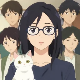 anime portrait of one lady wearing eyeglasses with one cat by wlop, loish, ilya kuvshinov, makoto shinkai, and artgerm, elegant, vivid colors, hyperdetailed artistic lines, dramatic lighting, intricate, in the style of borderlands, artstation, 8 k