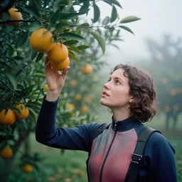 a closeup portrait of a woman wearing a vintage diving suit, picking oranges from a tree in an orchard, foggy, moody, photograph, by vincent desiderio, canon eos c 3 0 0, ƒ 1. 8, 3 5 mm, 8 k, medium - format print