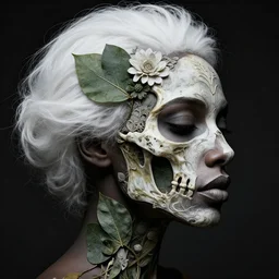a beautiful black woman's face in profile made of leaf and floral skeleton, in the style of the dutch masters and gregory crewdson, white hair, dark and moody aesthetic, 8 k, matte, intricate detail, hyper detailed, surrealism, fantasy, elegant, symmetrical