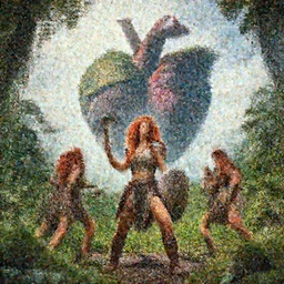 armoured ginger dwaven women wielding a hammer and shield, jungle clearing, awesome floating mountain in the shape of a human heart. 4k realism landscape