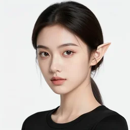 a beautiful portrait, white background, beautiful fantasy girl. black top, professionally retouched, soft lighting, realistic, smooth face, beautiful alien eyes, elf ears, wide angle, sharp focus on the eyes, 8 k high definition, insanely detailed, intricate, elegant, beautiful, art by artgerm and wlop