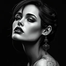 digital art painting portrait of elegant gothic lady with earrings, black and white, hard edges, high quality, textured, by caestrad, dark background, mystic, goddess, perfect lighting, high contrast, arstation, artgerm, wlop, soft - focus, lightrays