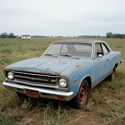 A photograph of a rusty, worn out, broken down, decrepit, run down, dingy, faded, chipped paint, tattered, beater 1976 Denim Blue Dodge Aspen in a farm field, photo taken in 1989