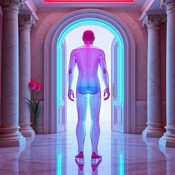 “ a beautiful mannequin made of glass printed in 3 d geometric neon, in the style of james jean, facing a doorway opening with a neon blue light, vaporware, tulips inside a room with marble columns, transcendent, vibrant color, clean linework, finely detailed, 4 k, trending on artstation, photorealistic, volumetric lighting, octane render ”