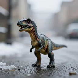 a beautiful photo by saul leiter of a tiny dinosaur standing in the street, tiny gaussian blur, insanely detailed, insanely intricate, insanely beautiful, depth of field, low contrast, snowy, wide aperture, macro