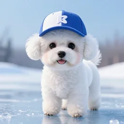a photorealistic picture of a white bichon puppy wearing a baseball cap on ice Trending on Artstation, featured on Behance, well-rendered, Unreal Engine, 4K HD