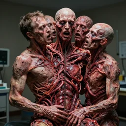 stunning documentary style photo of experimental surgery of a man sewn together to another man with multiple heads multiple arms grotesque twisted vein covered splotchy skin of despair, painful merging of bodies disgusted siamese horror conjoined psychotic painful people award winning style photography - n 6