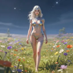 an illustration of the bikini queen, walking through distant flower planes, pale hair, one eye, intricate details, detailed face, detailed armour, artstation, epic pose, view from distance, volumetric light, starry sky, by rembrandt and marco bucci