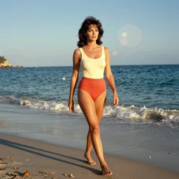 A film photography of Ursula Andress of Dr No walking on a synthwave beach. by William Egglestone. Cinematic. Golden Hour. Kodak Portra 400. Lens flare. 50mm lens