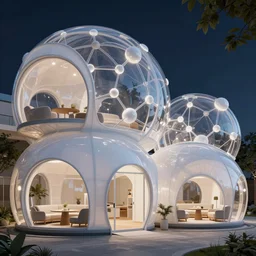 bubble shaped buildings, molecules, white membrane structures night view flurry 8 k with furniture octan render unreal 5
