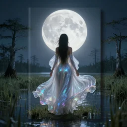 fantasy book cover, full moon, fantasy bayou landscape, goddess in a flowing dress in the middle, back view, iridescent elements, fantasy magic, dark light night, intricate, elegant, sharp focus, illustration, highly detailed, digital painting, concept art, matte, art by wlop and artgerm and greg rutkowski and albert bierstadt, masterpiece
