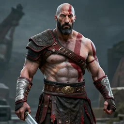 Film still of Dwayne Johnson as Kratos, from God of War (2018 video game)