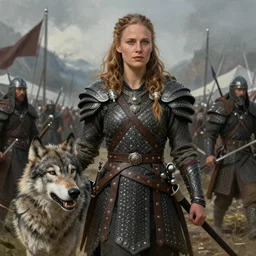 a gorgeous!! woman resembling alicia vikander as a viking warrior accompanied by a dire wolf on the battlefield | drawn by wlop, drawn by jeehyung lee, drawn by argerm | intricate, highly detailed, ultra graphics, digital painting, artstation