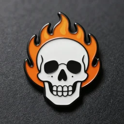 a highly detailed retro minimalistic smiling clean skull with fire flame enamel pin