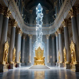 a majestic throneroom, at the dawn of time by greg rutkowski, glass paint, overglaze, ornament, time - lapse, photojournalism, wide angle, perspective, double - exposure, light, tones of black in background, ultra - hd, super - resolution, massive scale, perfectionism, soft lighting, ray tracing global illumination, translucidluminescence, crystalline